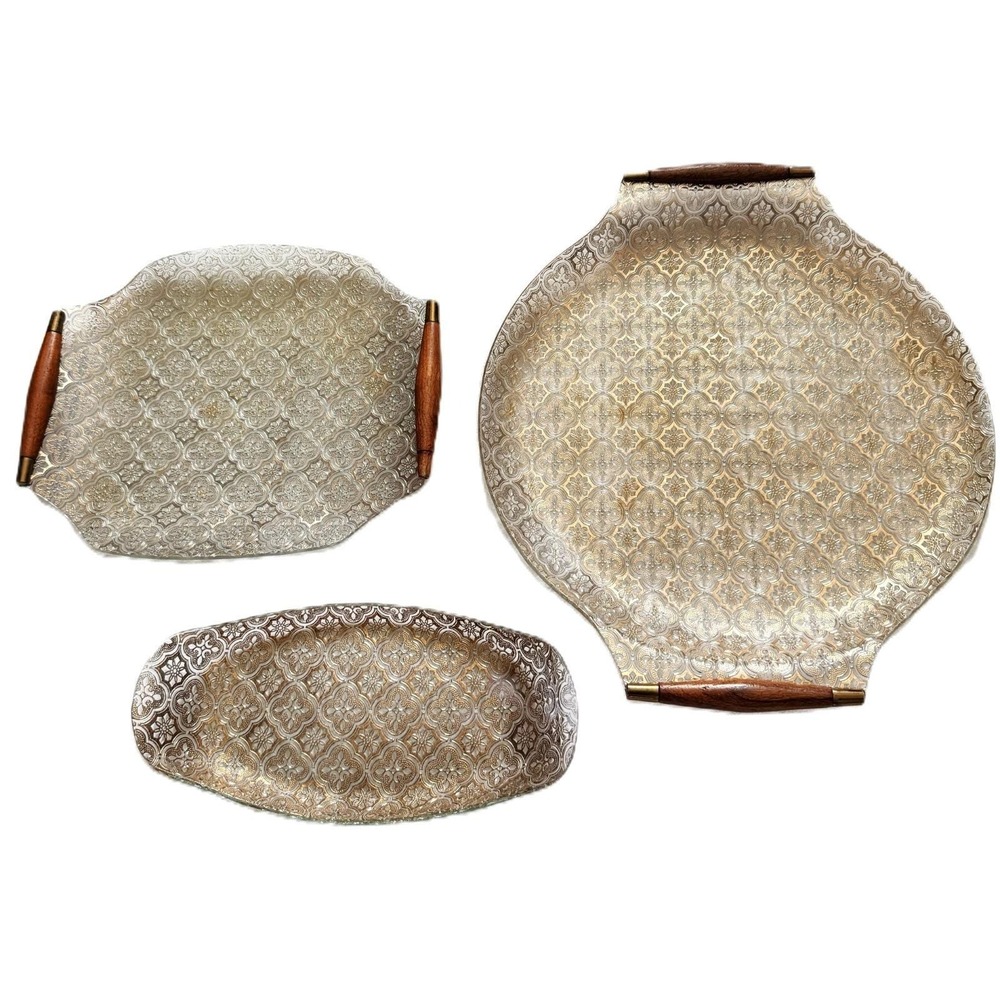 Vtg 60s Georges Briard "Iberia" Gold Embossed Glass Serving Tray Set (3 Pieces)